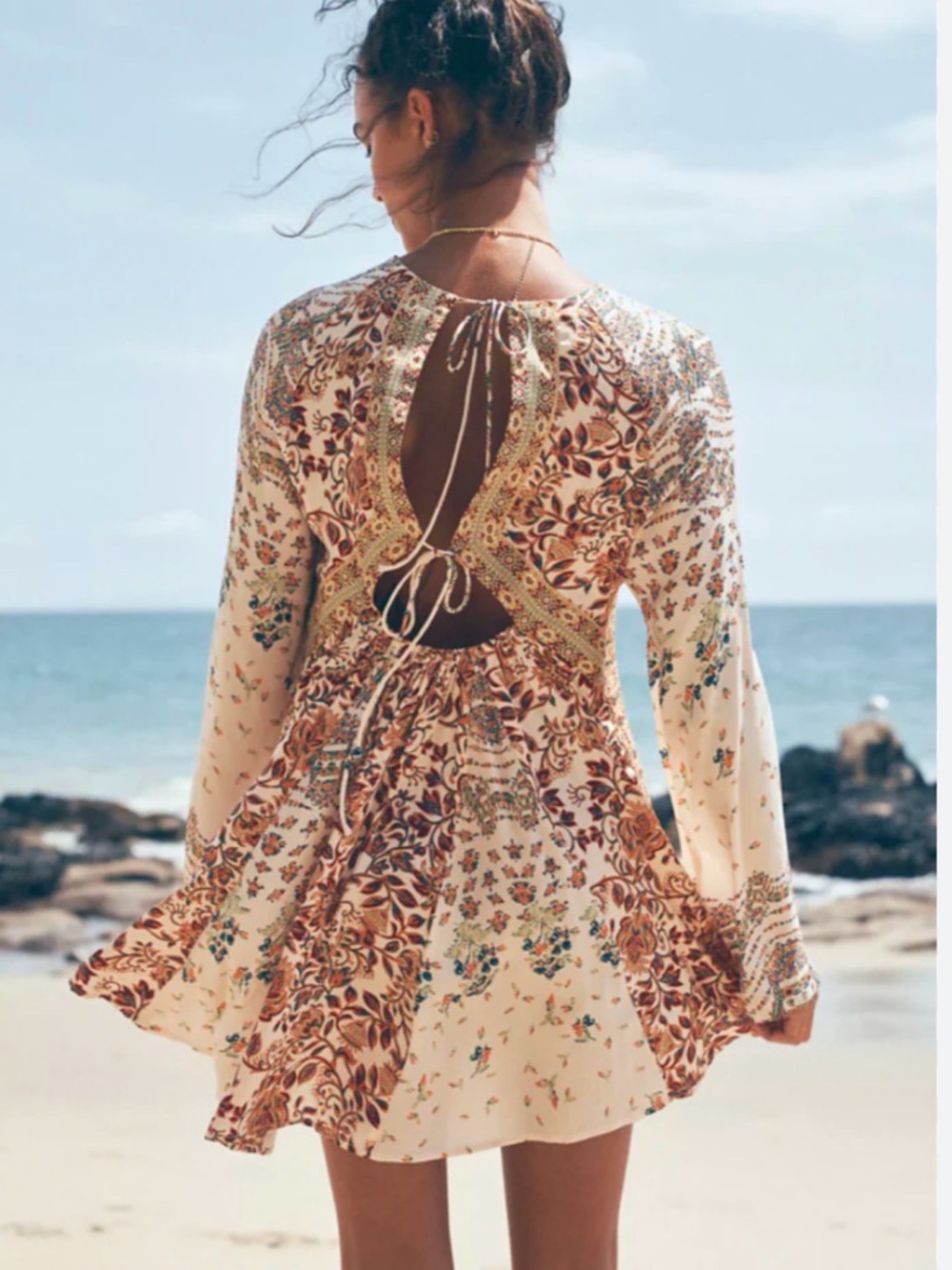 Free People Stevie Printed Long Sleeve Tunic Dress in Tea Combo XS